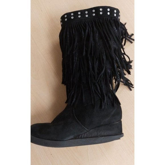 JUSTICE GIRLS BLACK FAUX SUEDE FRINGE RHINESTONE ZIP BOOTS SIZE 2 - Picture 4 of 7